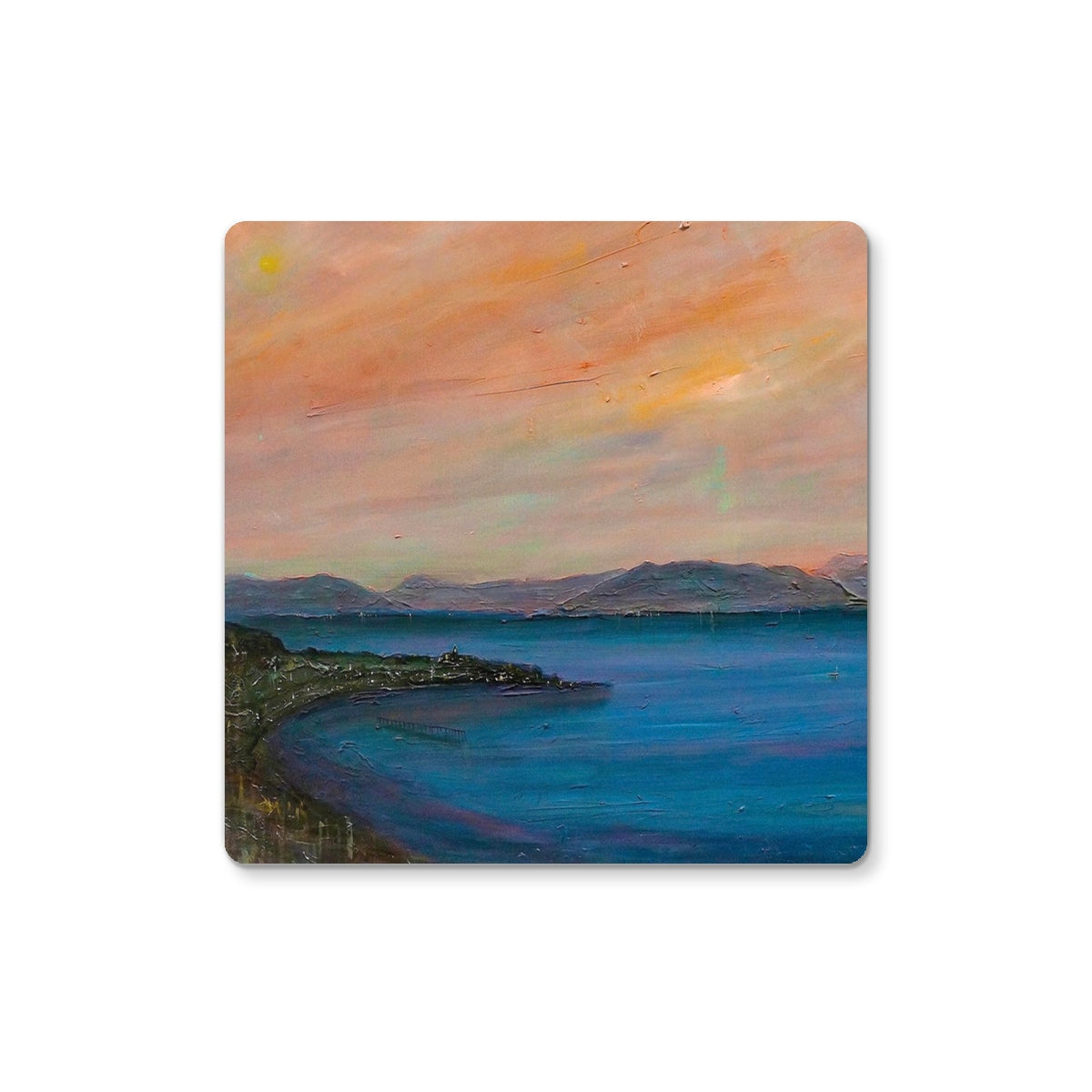 Square painting of a colorful coastal landscape at sunset for Dusk Over Gourock Coaster