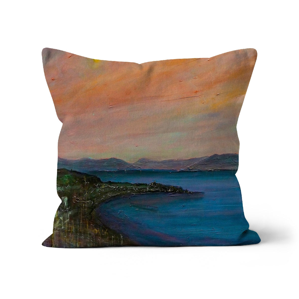 Square throw pillow featuring a painted coastal landscape for Dusk Over Gourock Cushion