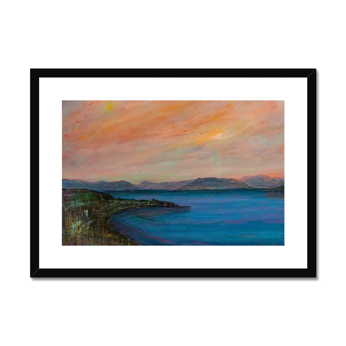Framed Gourock print showcasing a vibrant seascape with colorful sky and distant mountains