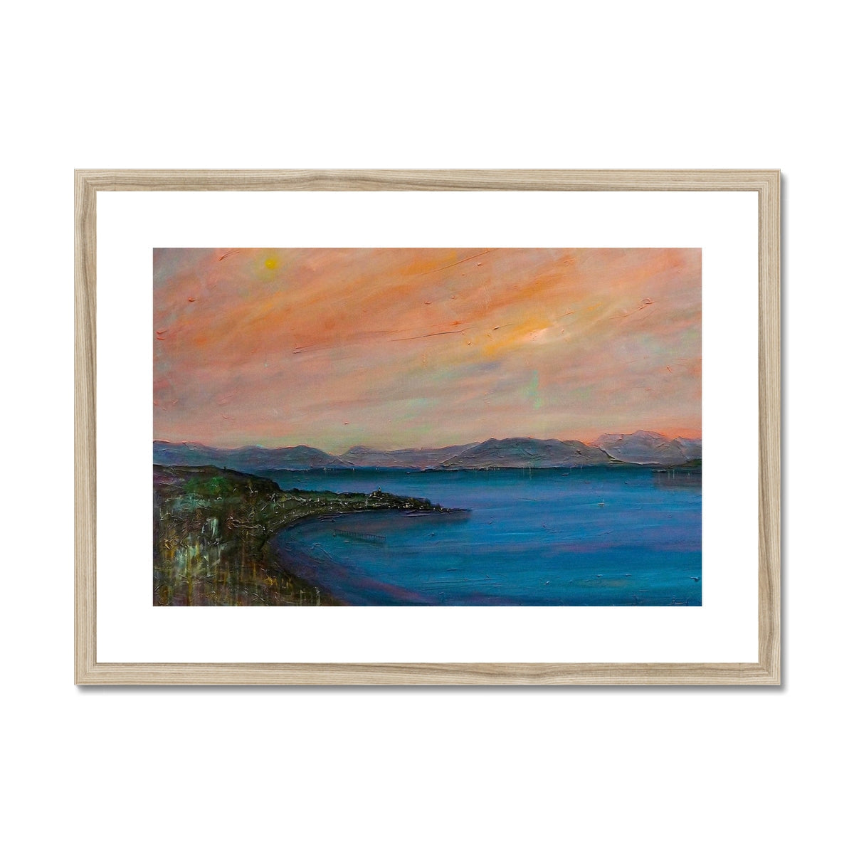 Framed coastal landscape painting at sunset for Dusk Over Gourock Mounted Print