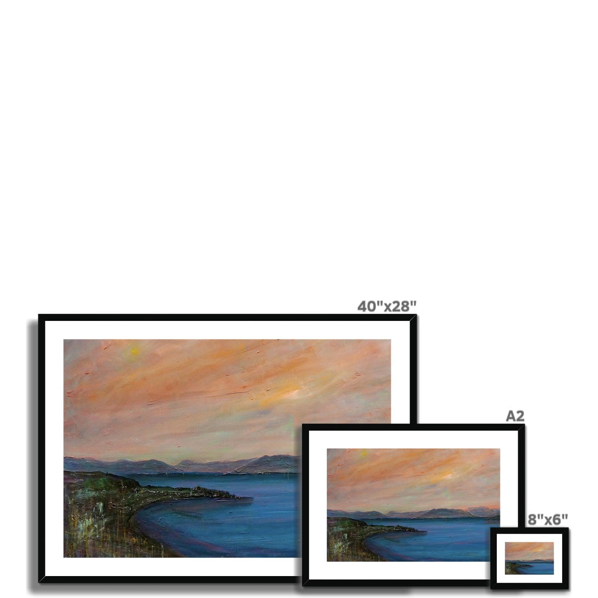 Set of three framed landscape paintings of a tranquil bay at sunset for Dusk Over Gourock print