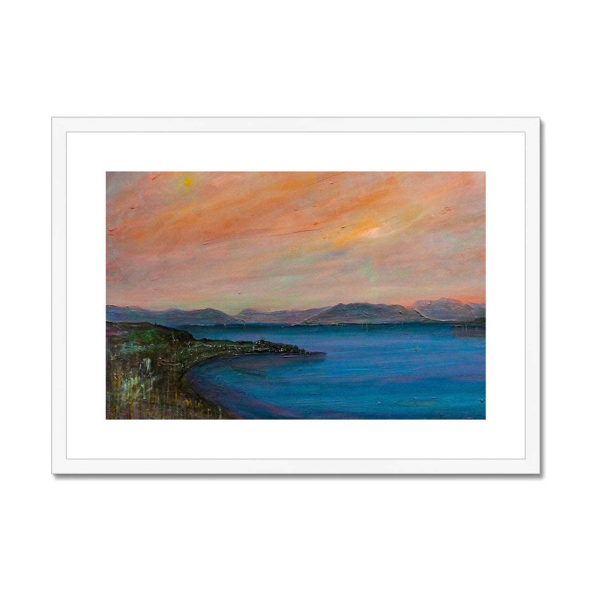 Framed mounted print of a vibrant seascape with colorful sky titled Dusk Over Gourock