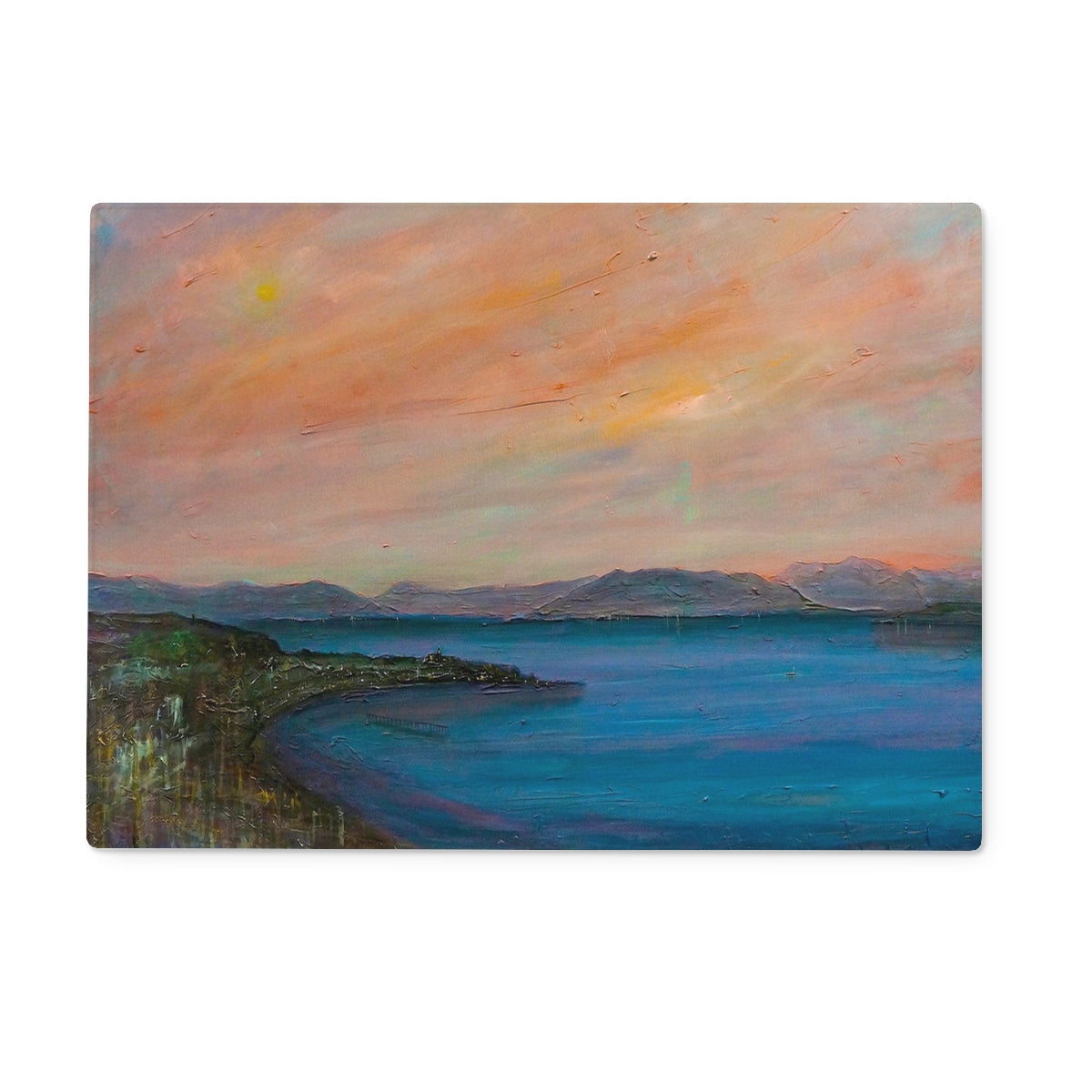Dusk Over Gourock Glass Chopping Board with impressionistic sunset over water and mountains