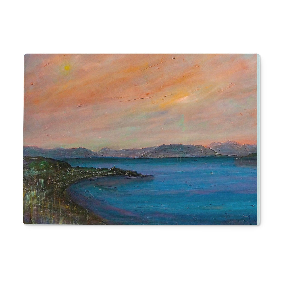 Painting of a coastal sunset over mountains and water on Dusk Over Gourock Glass Chopping Board