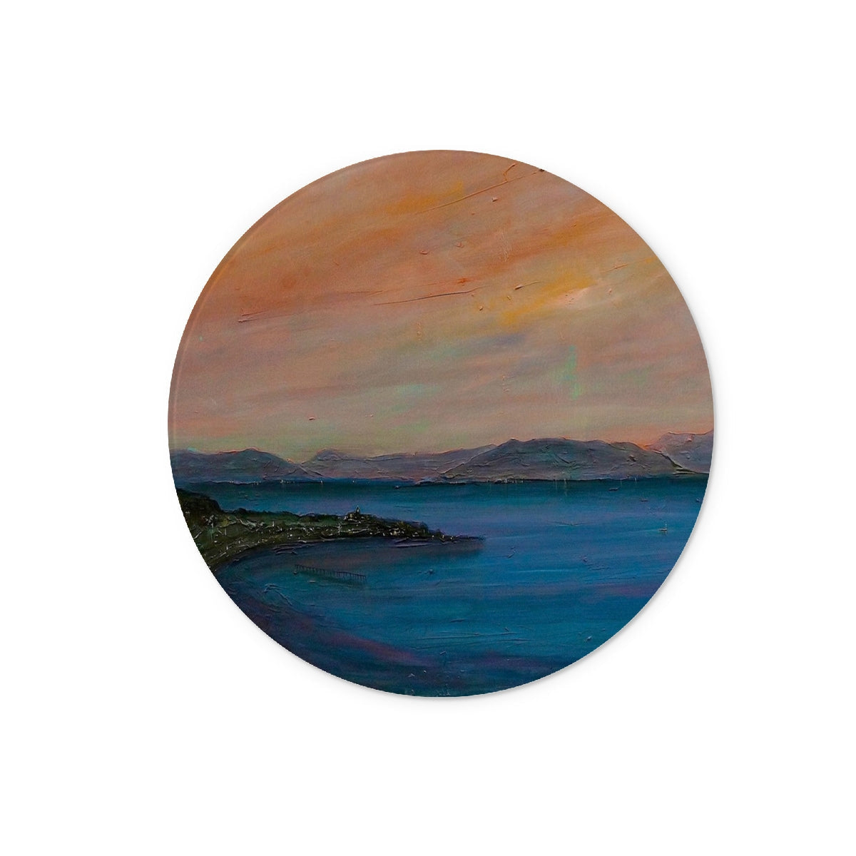Circular oil painting of tranquil seascape with mountains and sunset for Dusk Over Gourock Glass Chopping Board