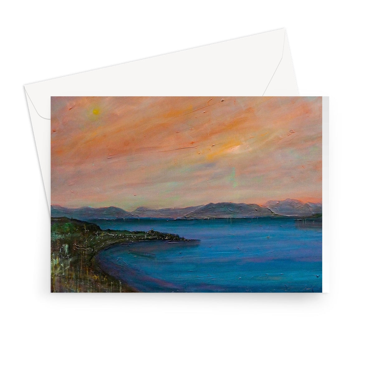 Greeting card featuring a vibrant oil painting of a coastal sunset landscape titled Dusk Over Gourock
