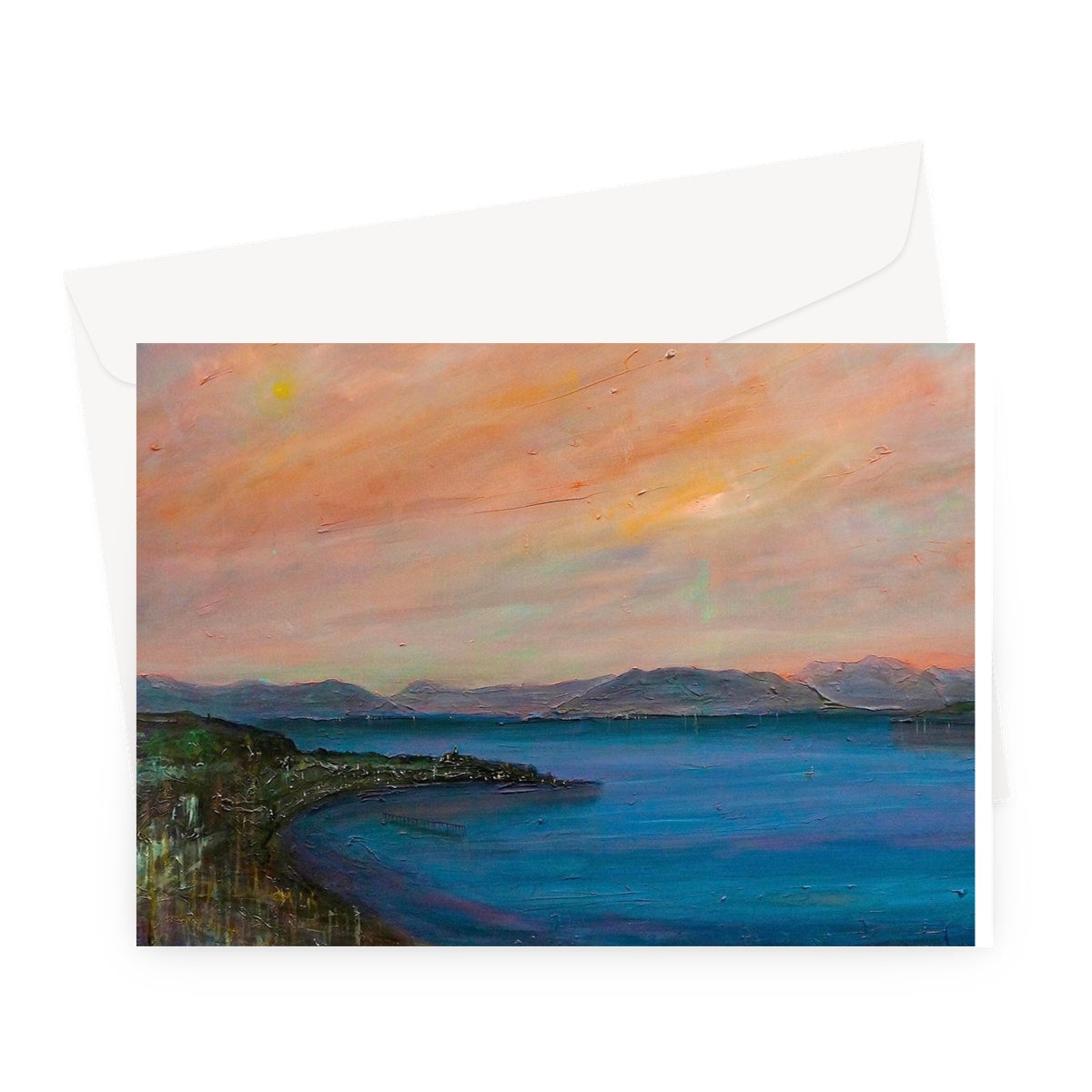 Dusk Over Gourock Greeting Card featuring impressionistic sunset over tranquil bay with mountains