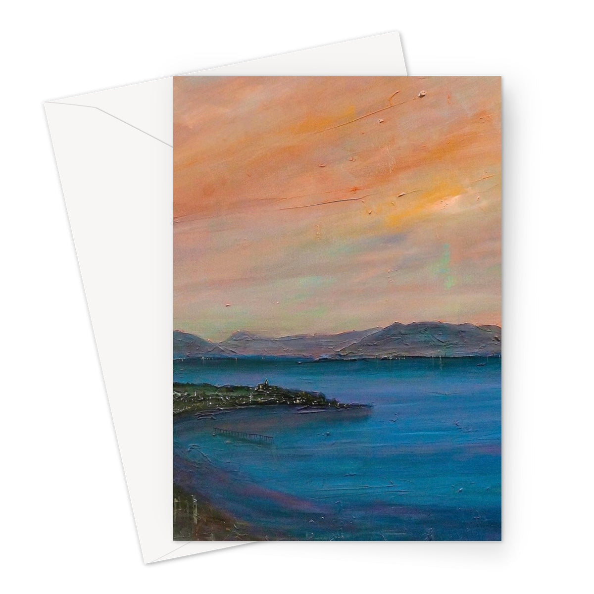 Vibrant oil painting of a coastal landscape at sunset on Dusk Over Gourock Greeting Card