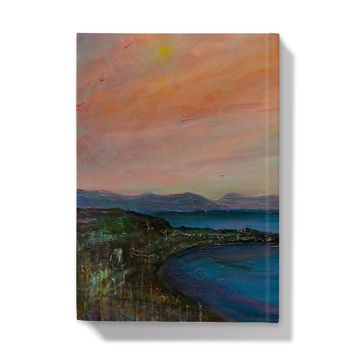 Vibrant oil painting of a sunset over Gourock coast and mountains for Dusk Over Gourock Journal