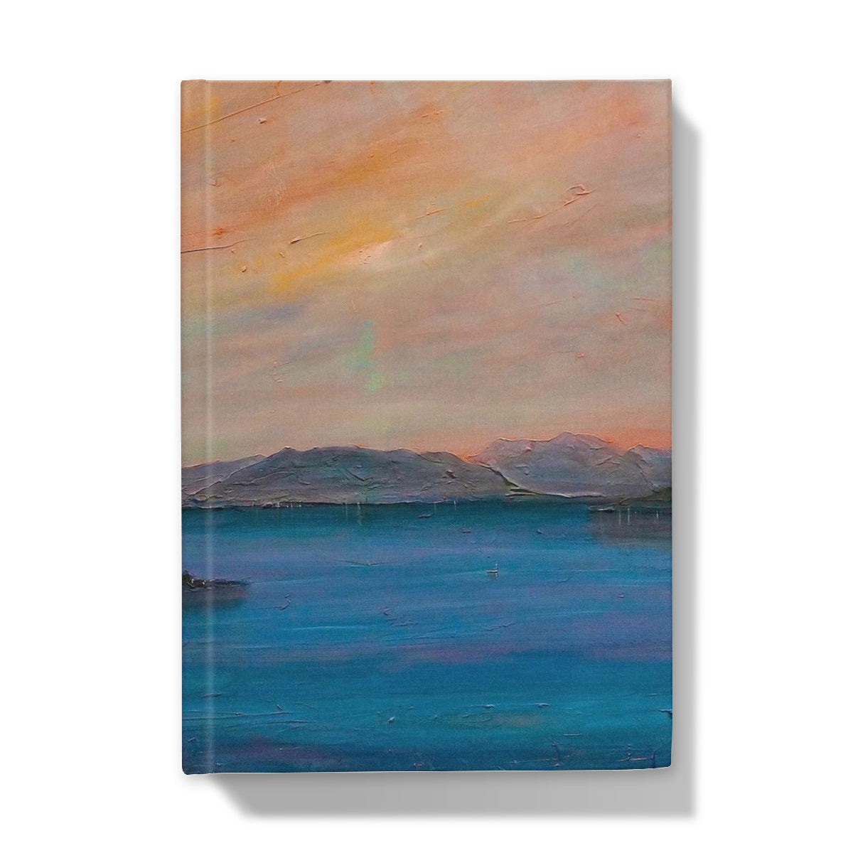 Textured oil painting of a sunset over mountains and water on Dusk Over Gourock journal