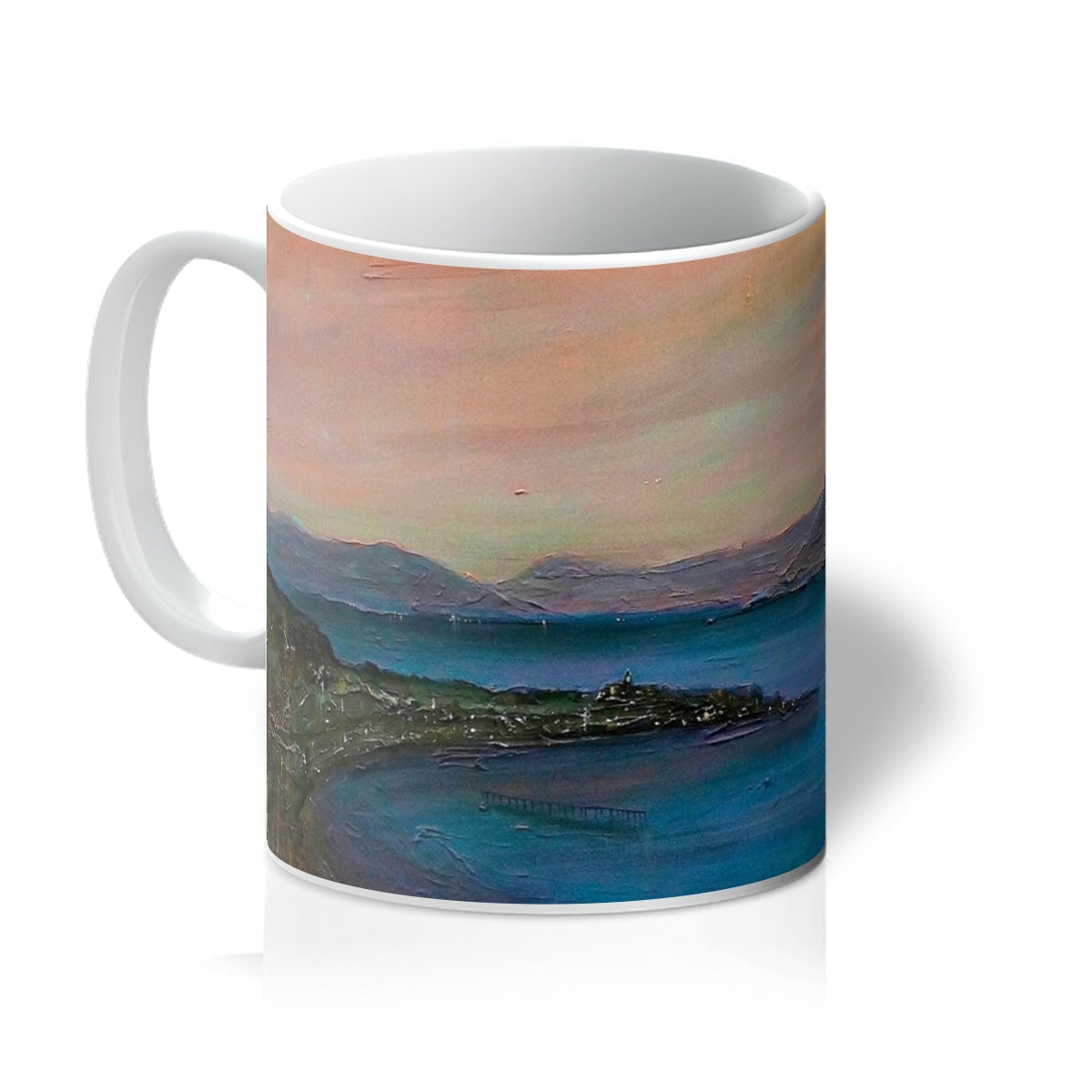White ceramic mug featuring an impressionistic landscape painting titled Dusk Over Gourock