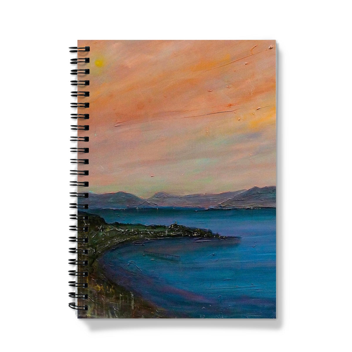 Spiral-bound Dusk Over Gourock Notebook with vibrant landscape painting cover