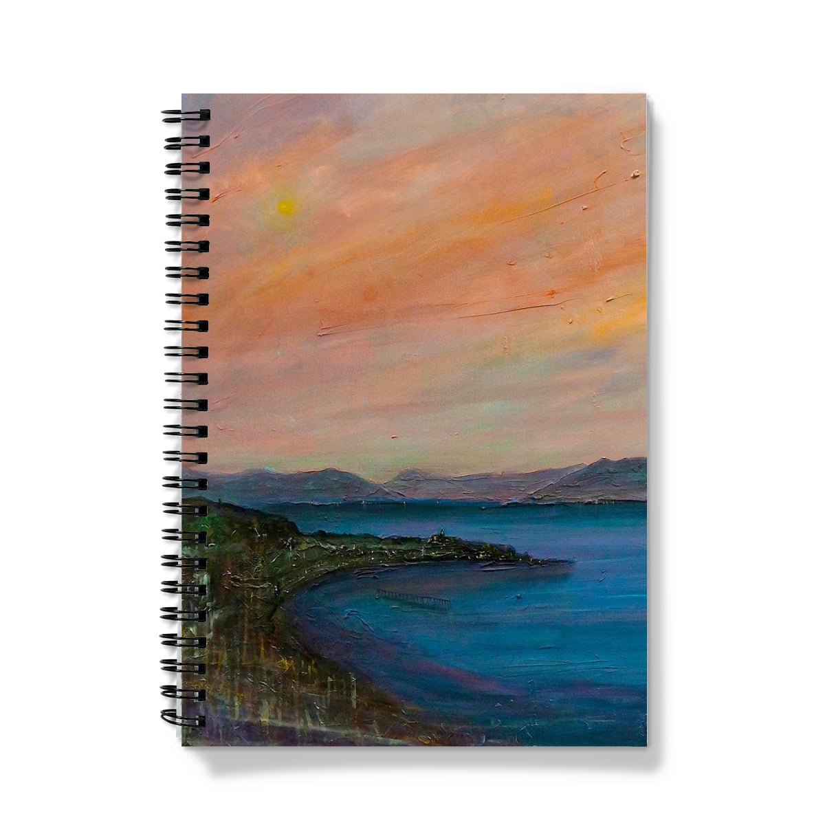 Spiral-bound Dusk Over Gourock Notebook with vibrant landscape painting cover