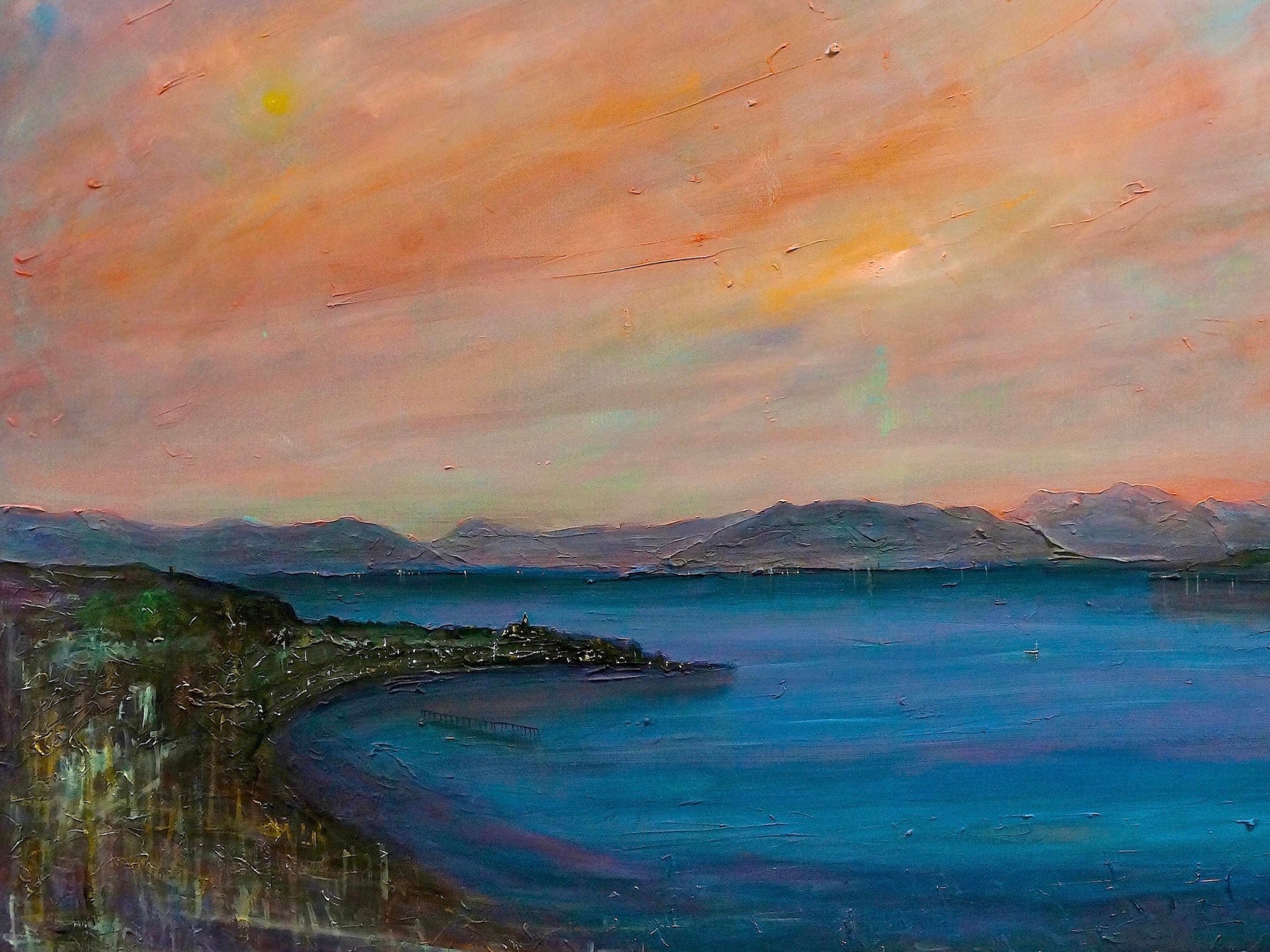 Oil painting of a coastal landscape at sunset titled Dusk Over Gourock Original Painting