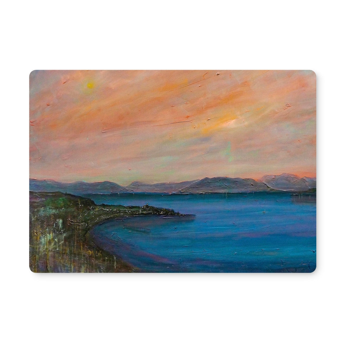 Oil painting of a coastal landscape with colorful sky and deep blue water for Dusk Over Gourock Placemat