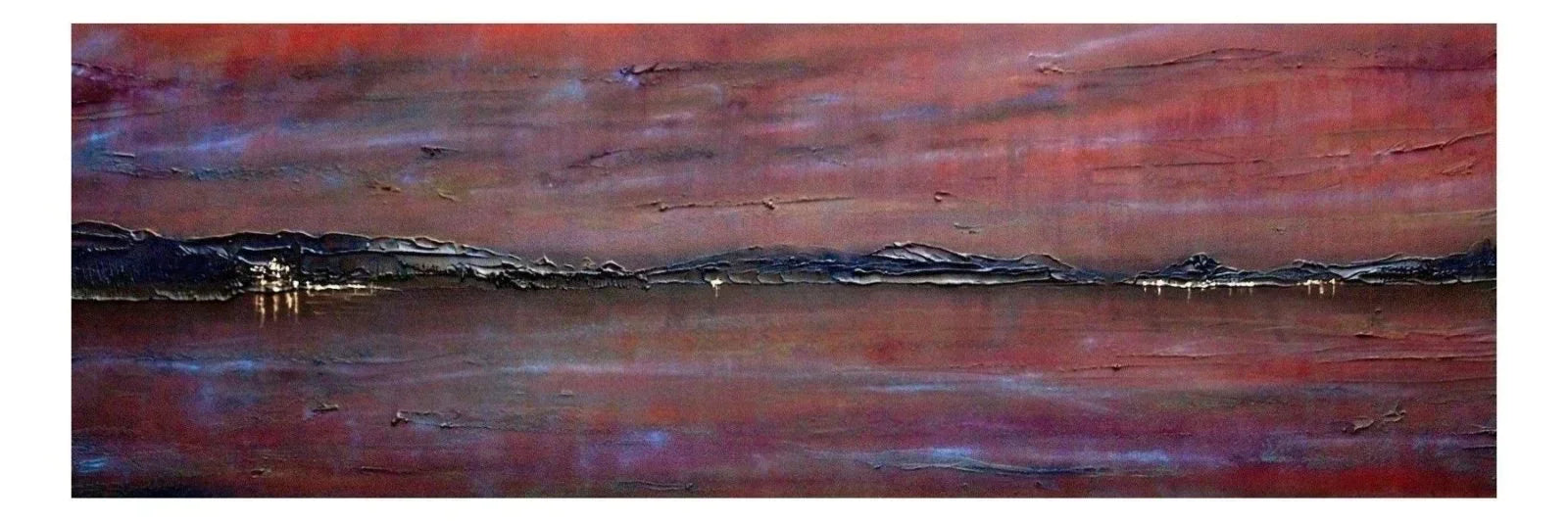 Red and pink abstract brushstrokes in Dusk Sailing on Loch Lomond panoramic painting