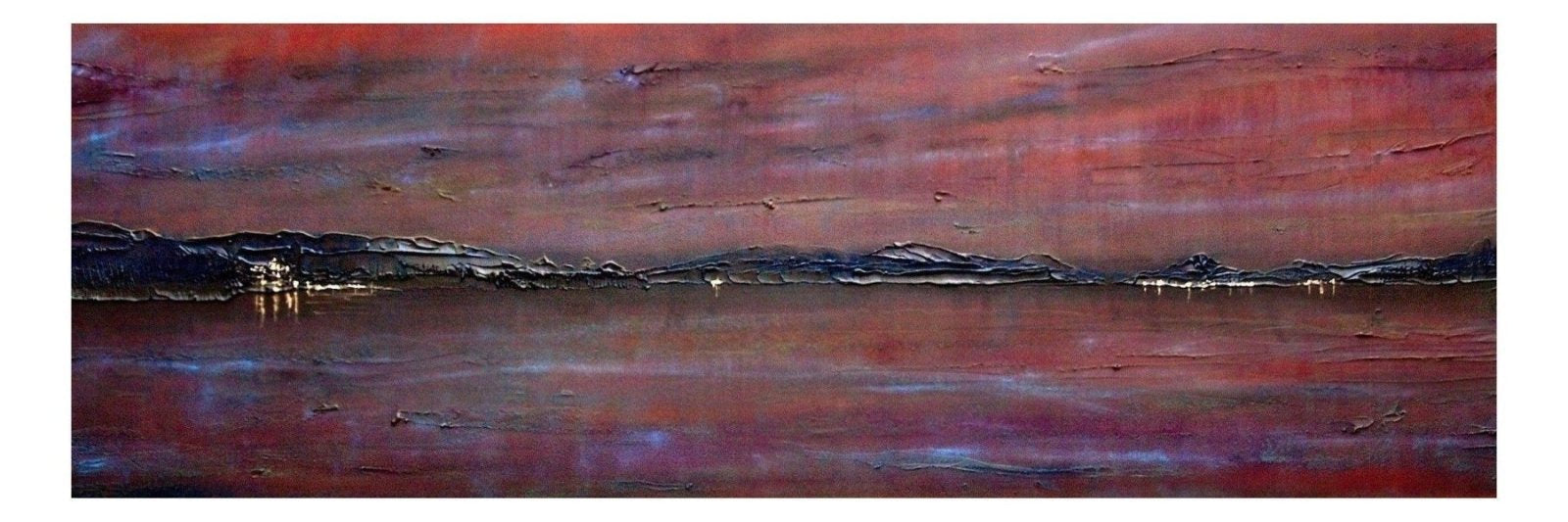 Impressionistic panoramic painting of sunset over Loch Lomond with distant land