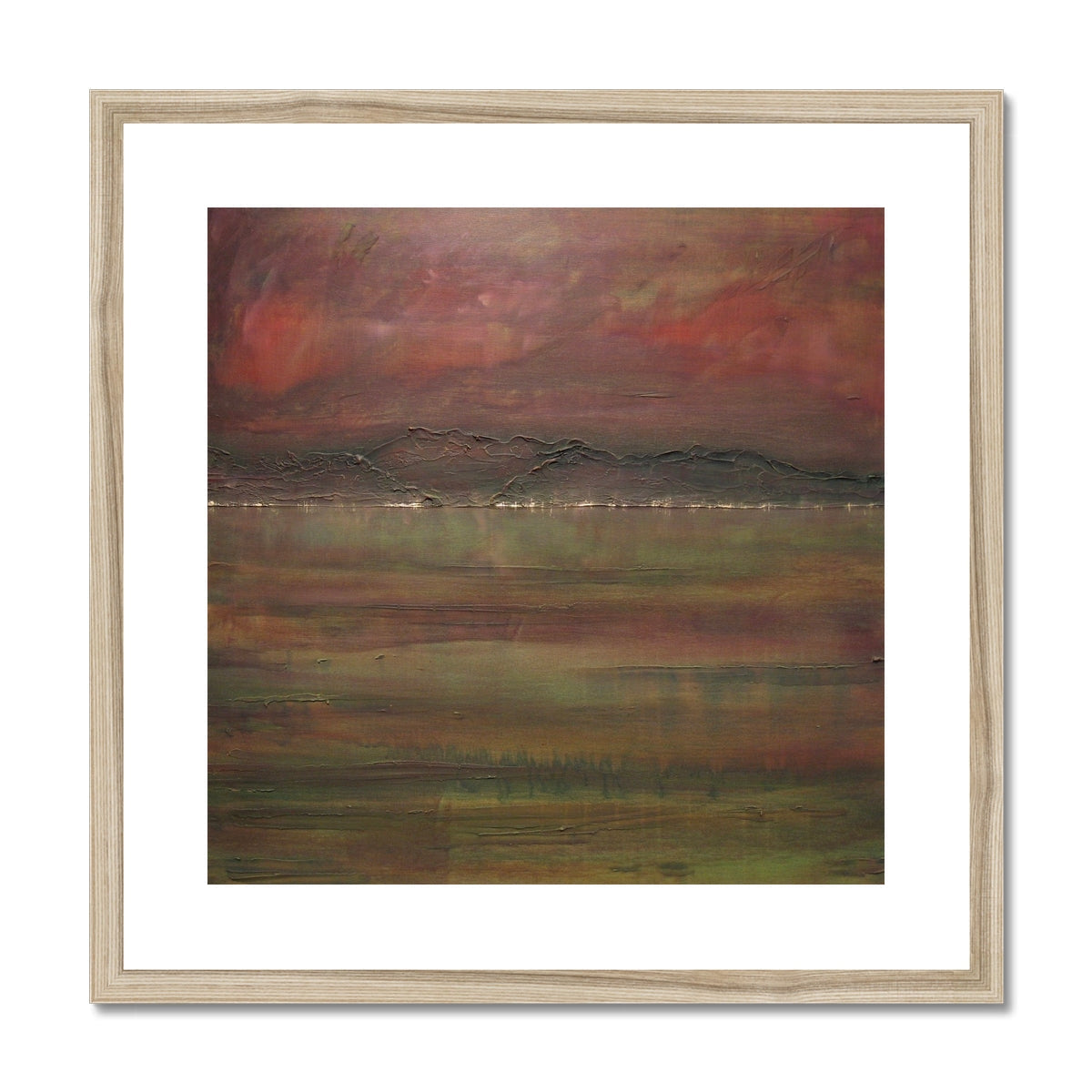 Minimalist wooden-framed abstract landscape art print in earthy tones: Dusk Storm Brews On The Clyde