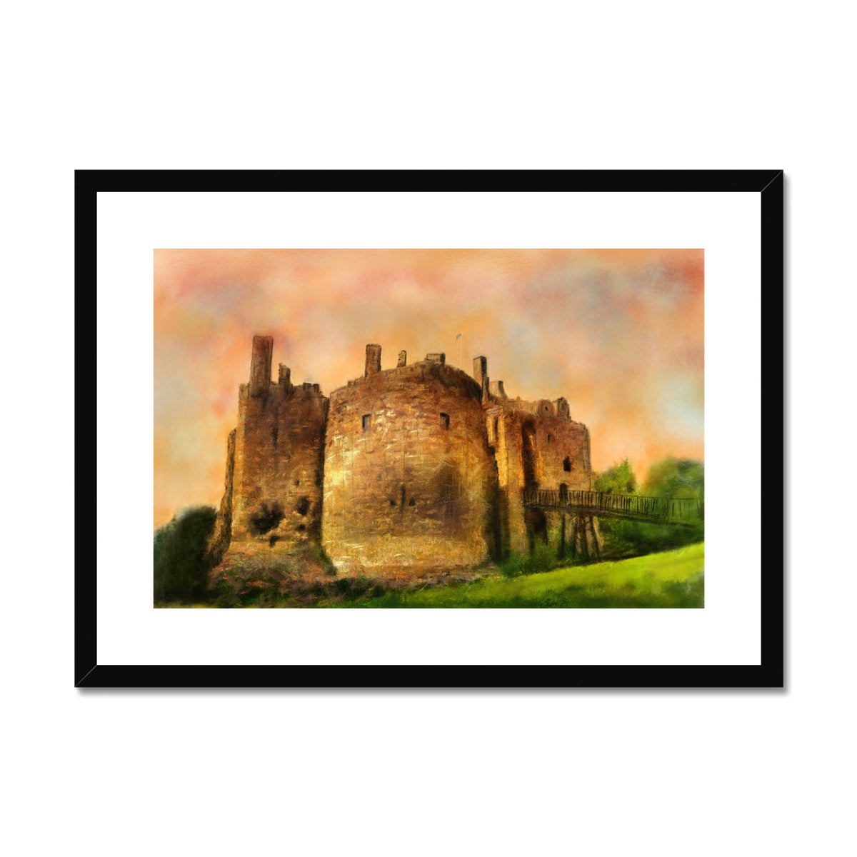 Dirleton Castle and Gardens framed print with black frame