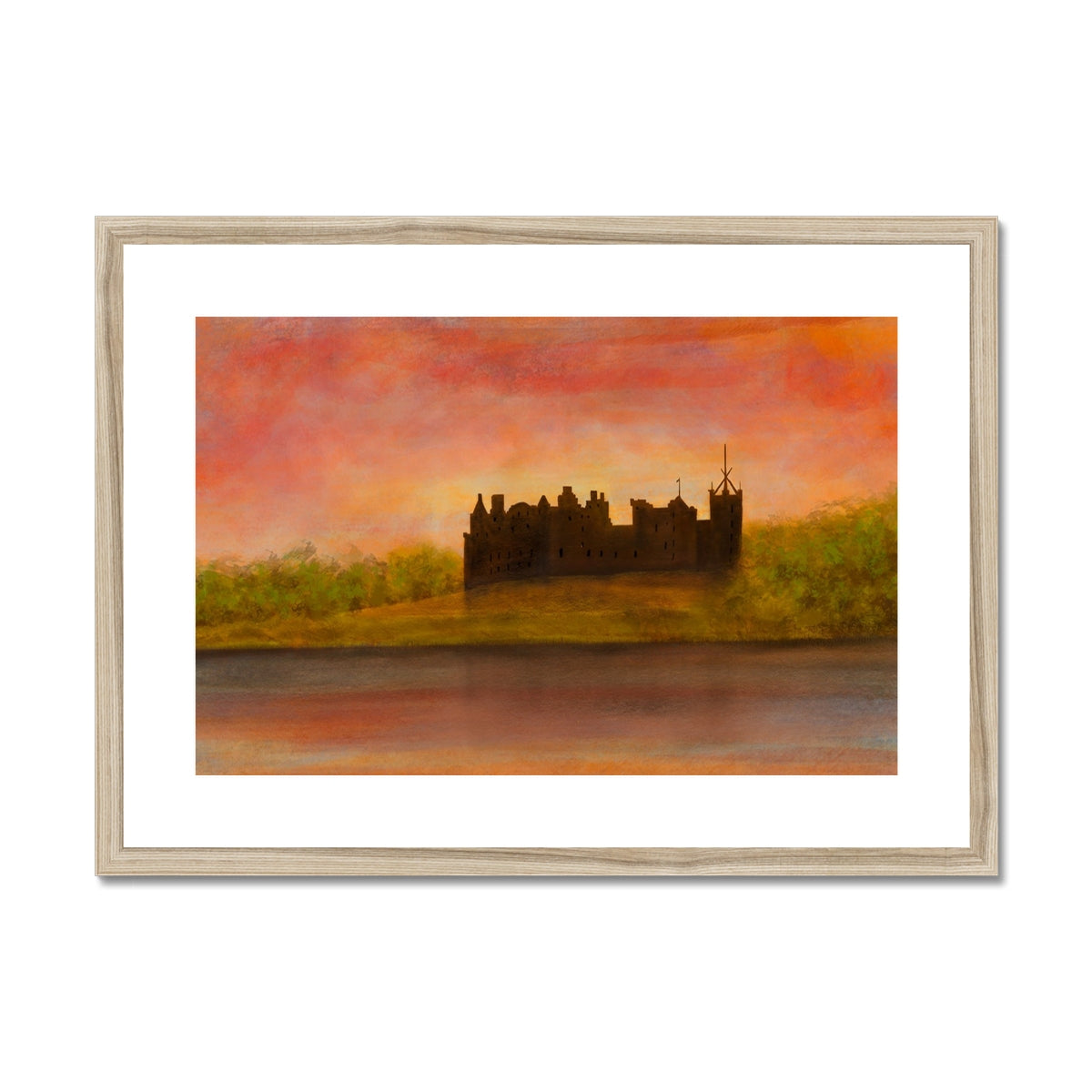 Framed Linlithgow Palace sunset silhouette print in warm hues
