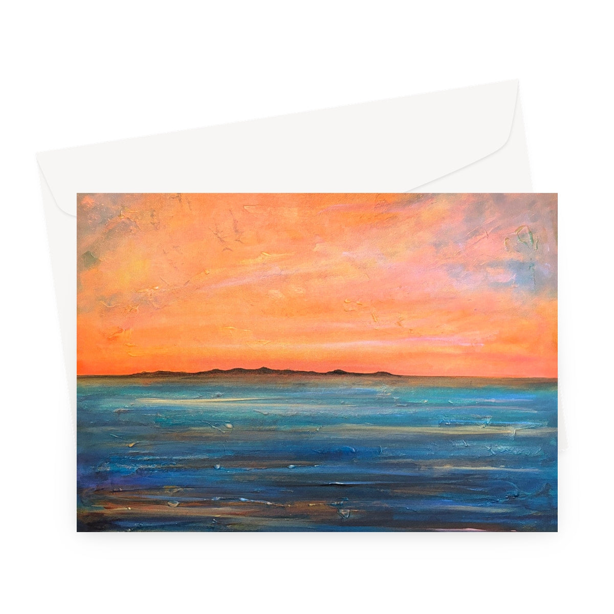 The Isle Of Gigha greeting card: minimalist beach sunset in orange and blue