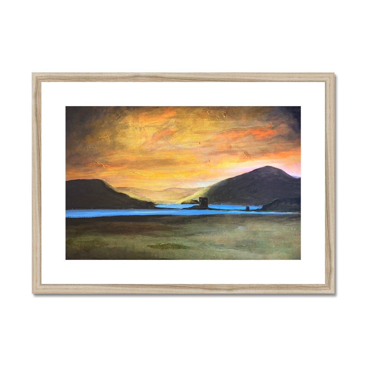 Castle Stalker Glow art print: vibrant sunset over mountains, framed