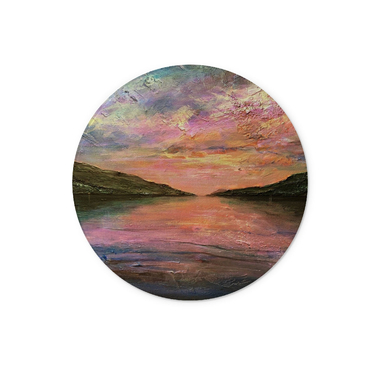 Serene Loch Ness dawn sunset painting on glass chopping board