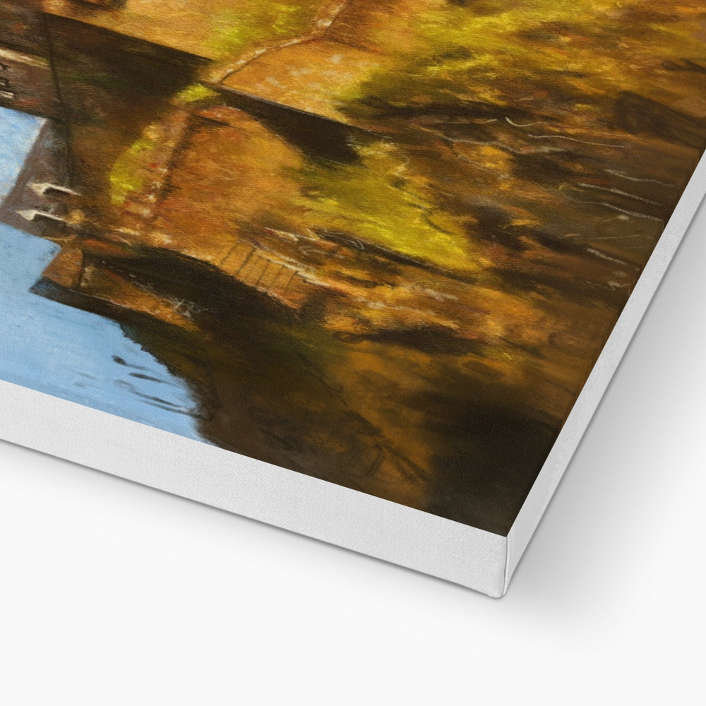 Rustic wooden dock canvas print with water reflections in earthy tones