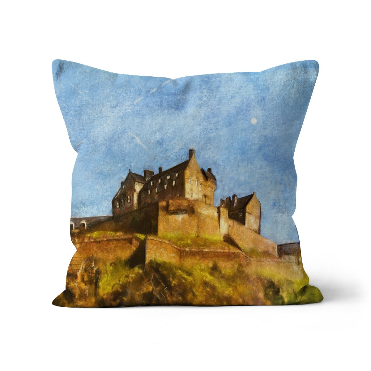Royal blue and gold Edinburgh Castle throw pillow with textured design