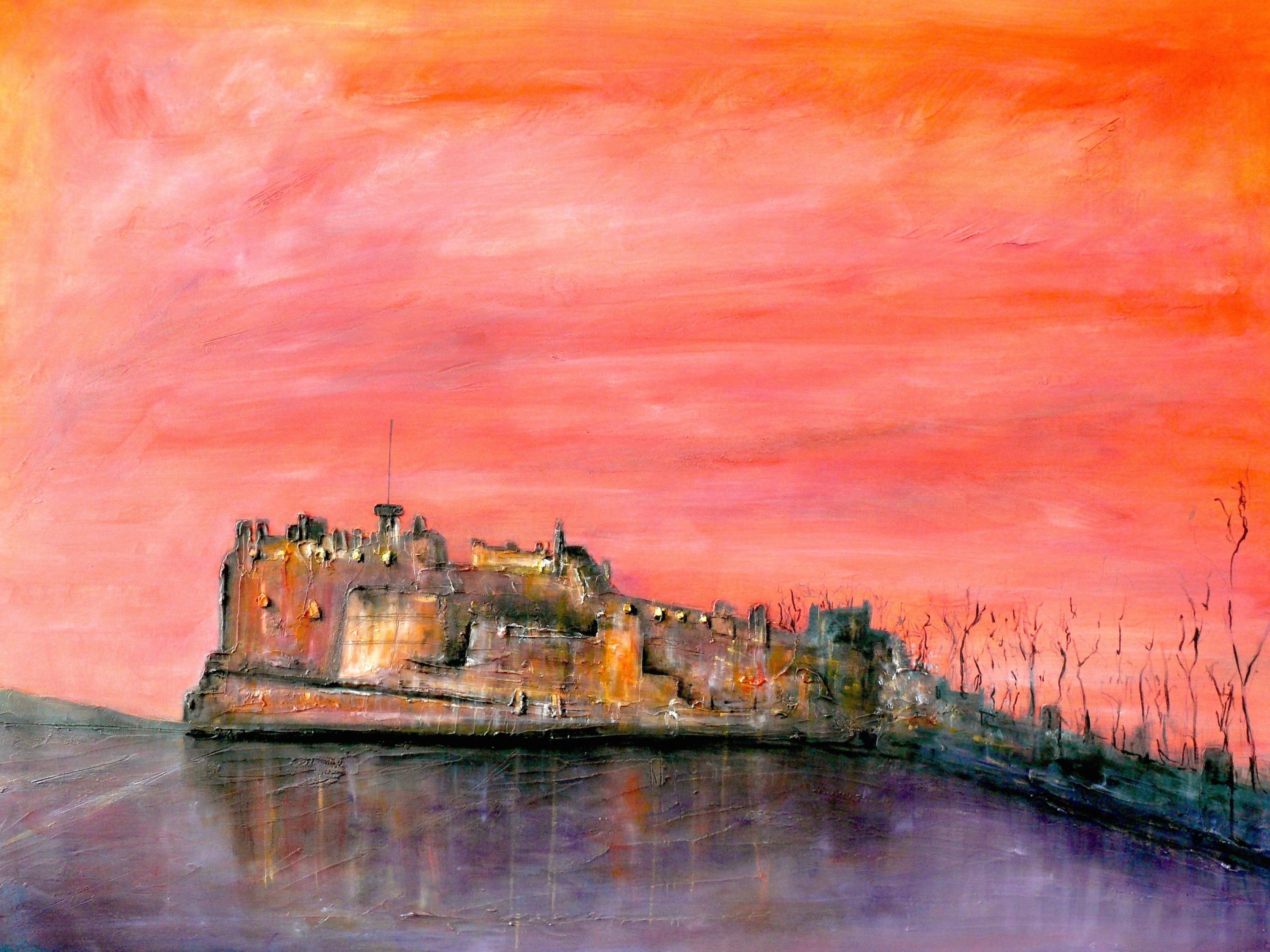 Painted Edinburgh Castle under a fiery dusk sky in the Edinburgh Castle Dusk Original Painting