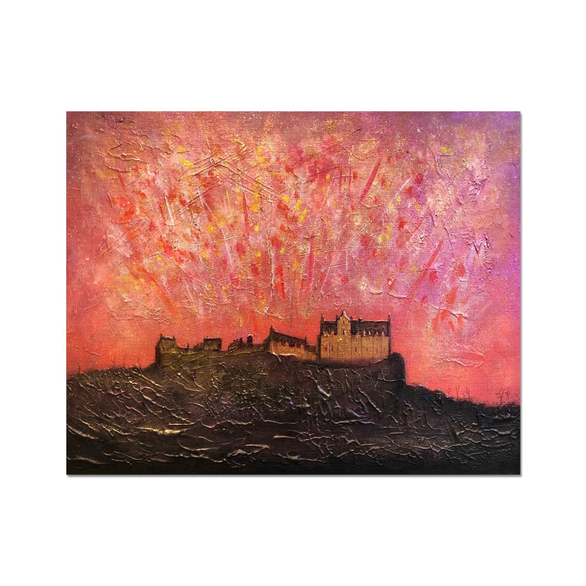 Pink and purple abstract Edinburgh Castle fireworks print on black