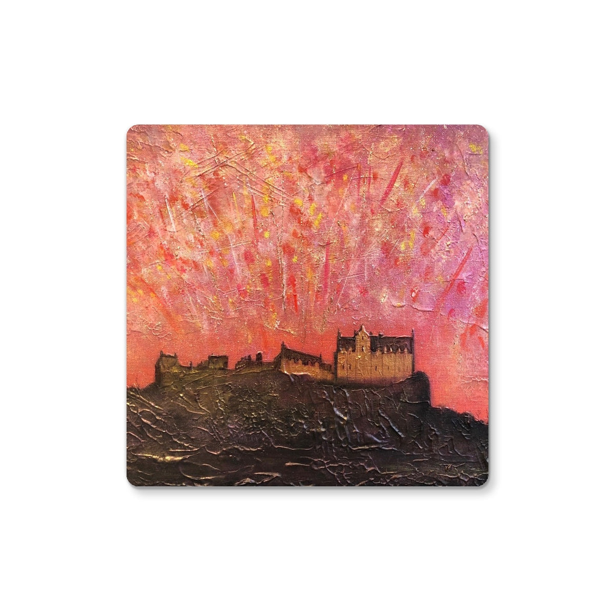 Pink and gold Edinburgh Castle Fireworks coaster with textured surface