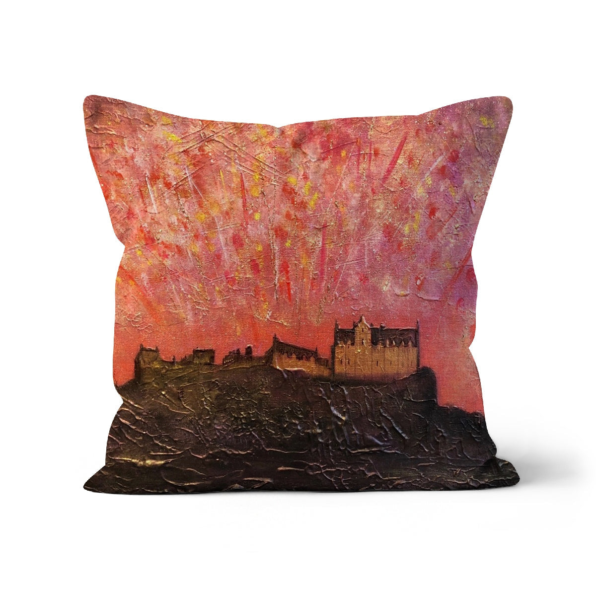 Square decorative throw pillow featuring abstract textured painting of Edinburgh Castle under vibrant red and yellow sky