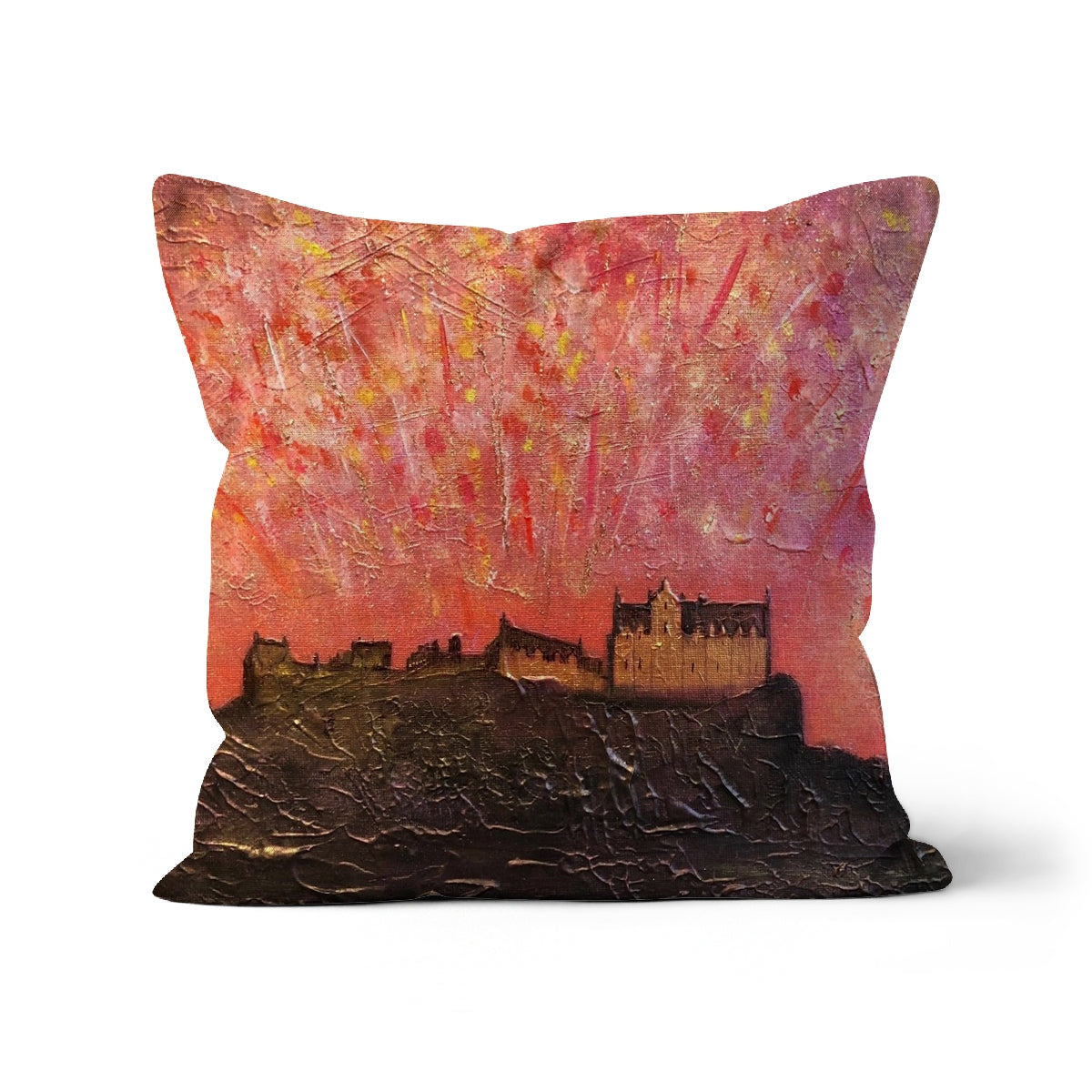Square decorative cushion featuring Edinburgh Castle abstract art under vibrant sunset sky