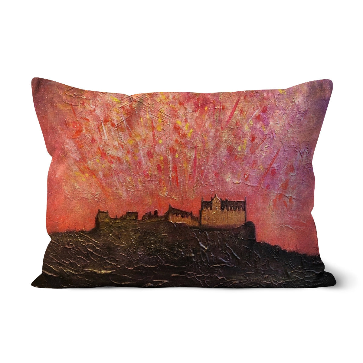 Decorative Edinburgh Castle Fireworks Cushion with vibrant abstract castle painting