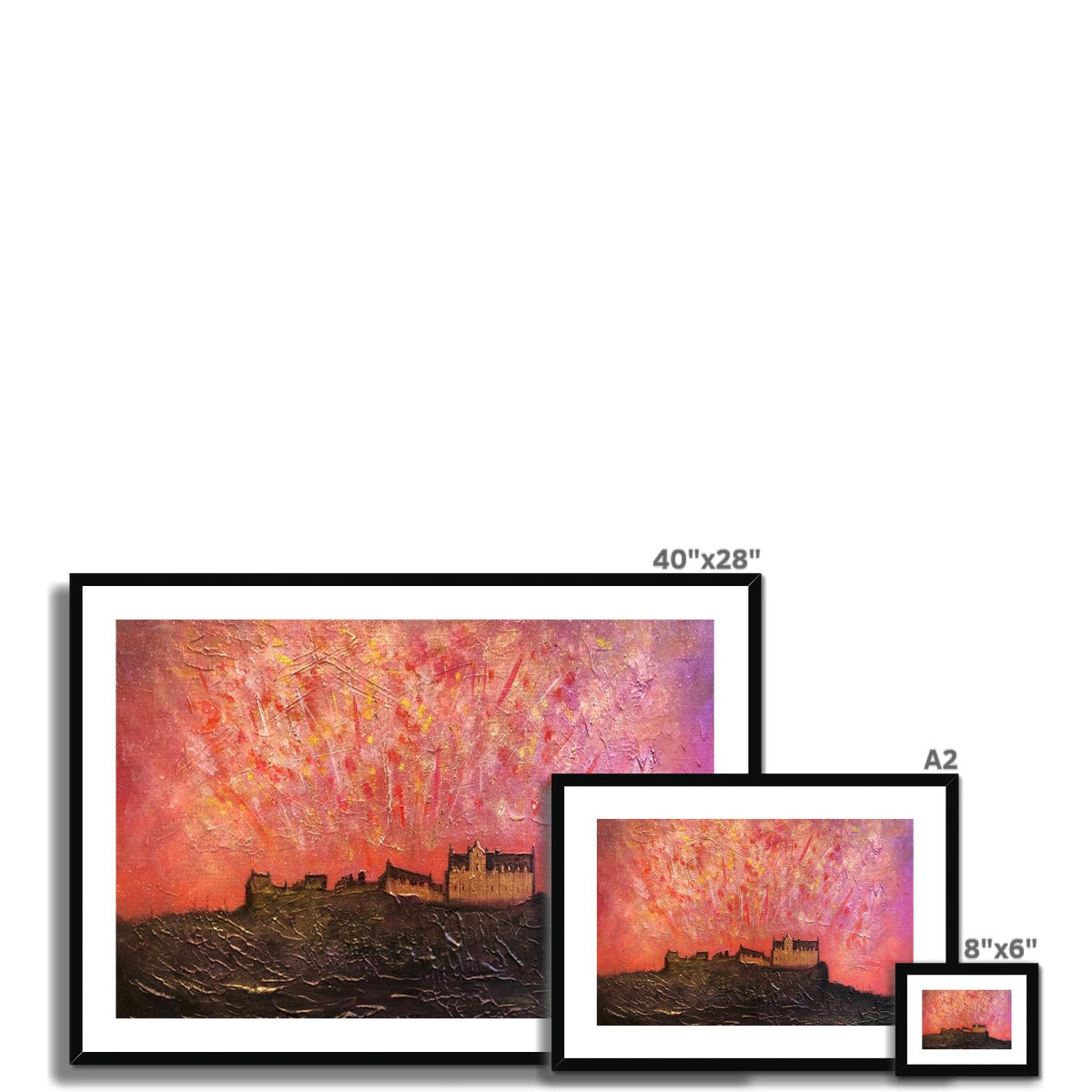 Edinburgh Castle fireworks framed canvas print with vibrant sunset sky