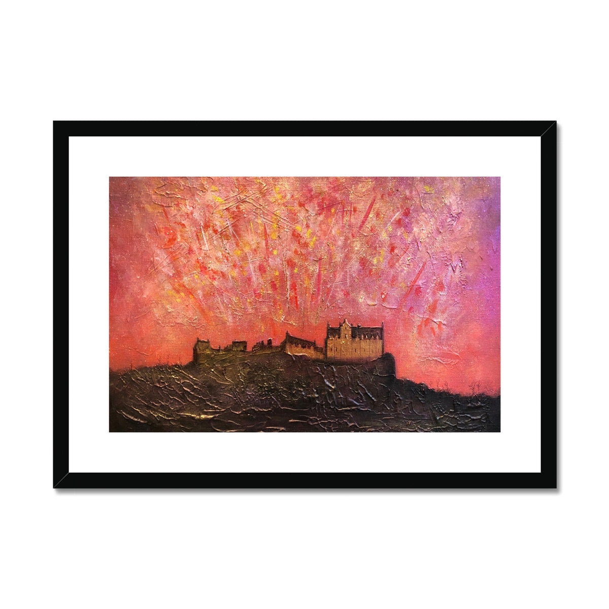 Edinburgh Castle Fireworks Art Print: Black Framed Painting with Textured Surface and Vibrant Pink Sky