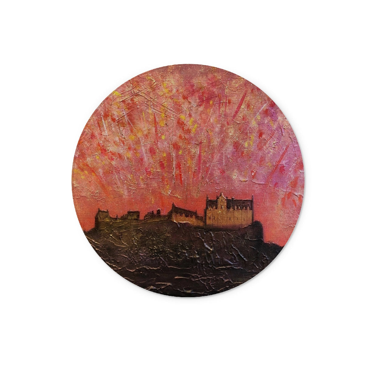 Circular painting of Edinburgh Castle on a hill under a vibrant sky on a glass chopping board