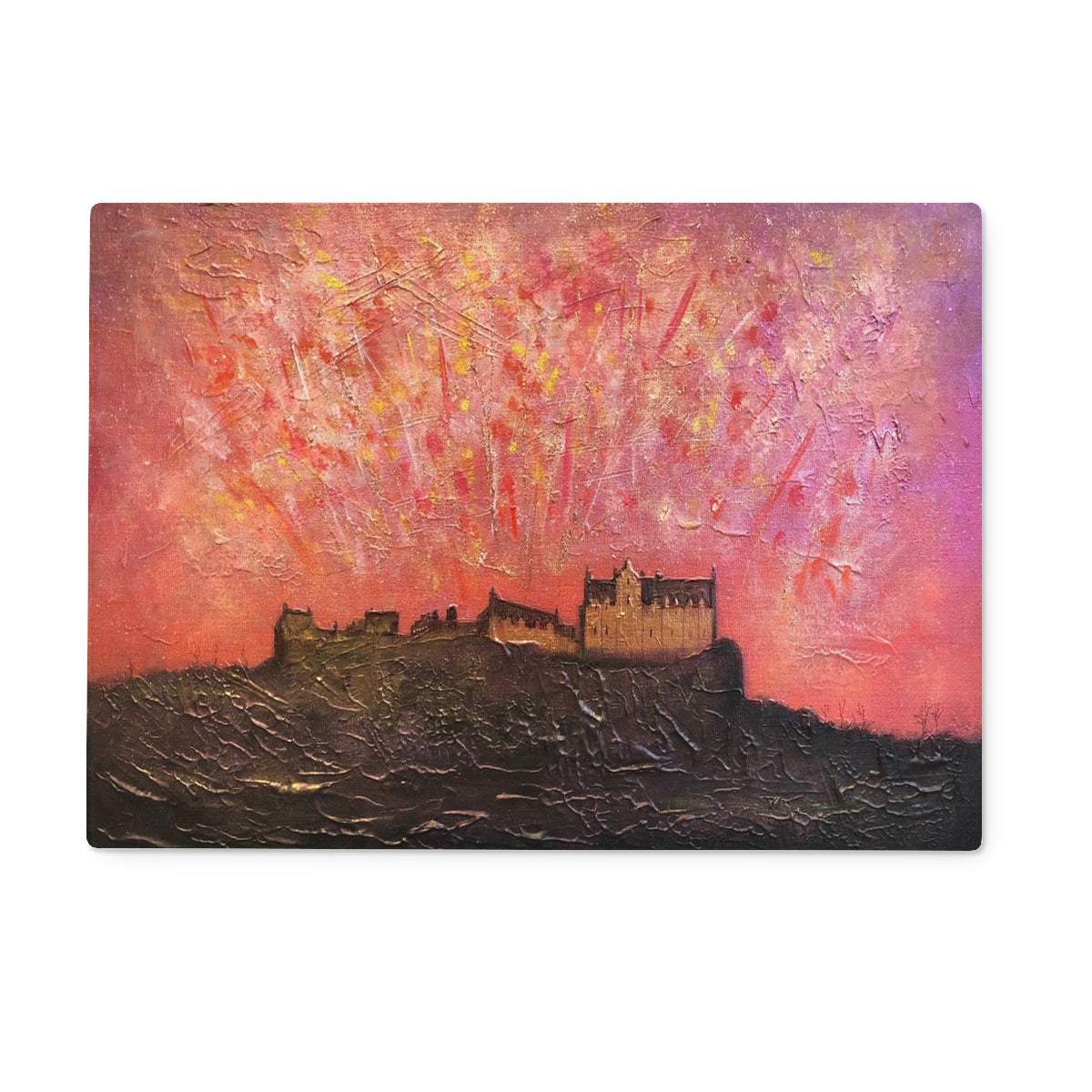 Textured painting of Edinburgh Castle on a hill under a vibrant abstract sky on glass chopping board