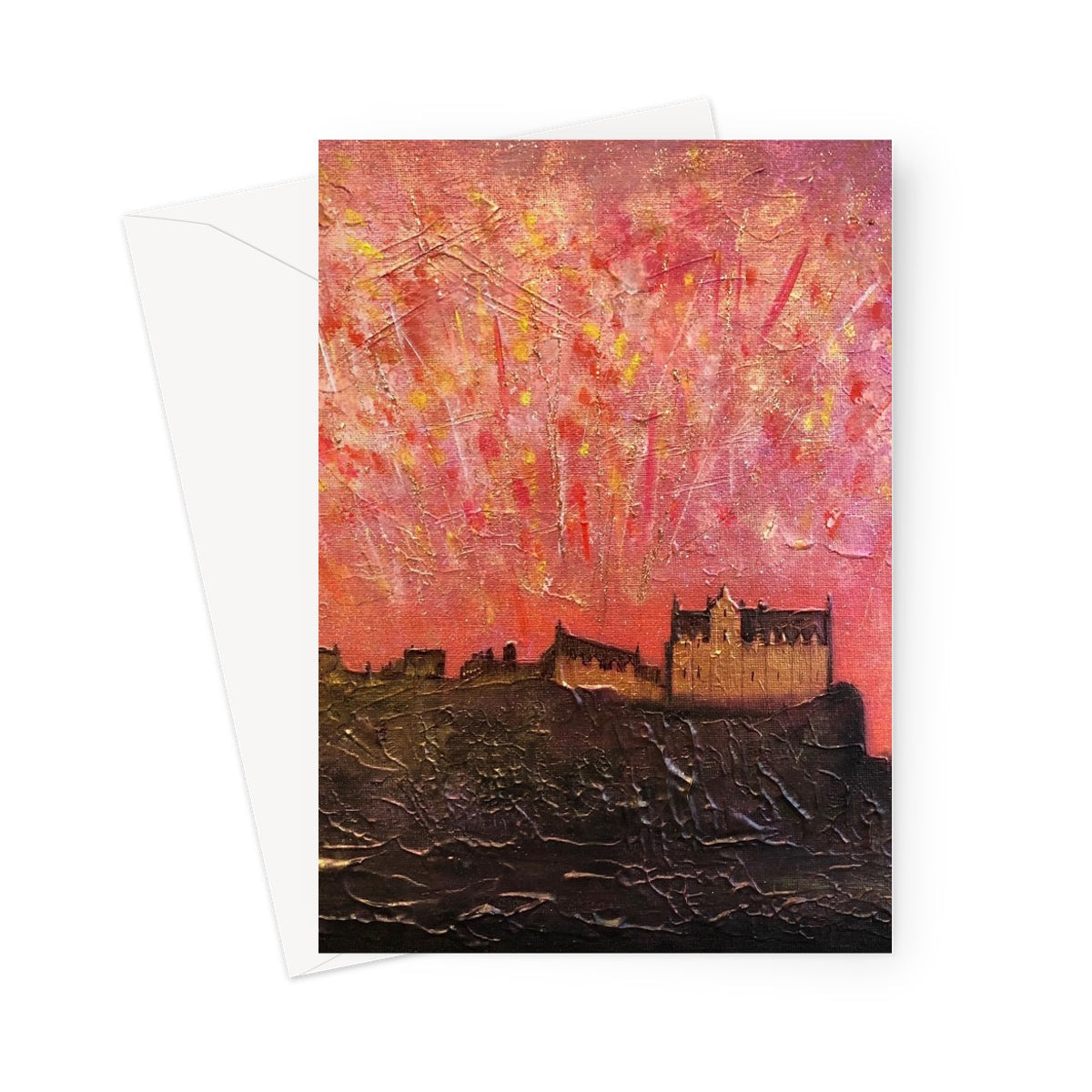 Abstract painting of Edinburgh Castle on a hill under a vibrant pink and yellow sky for greeting card