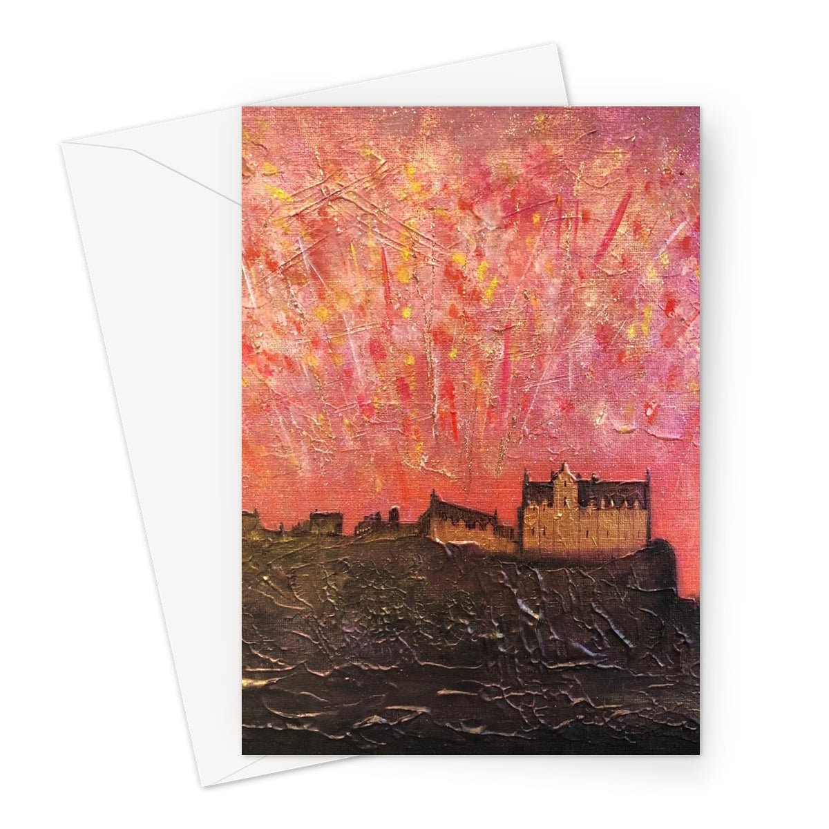 Abstract painting of Edinburgh Castle on a hill with a vibrant red and pink sky greeting card