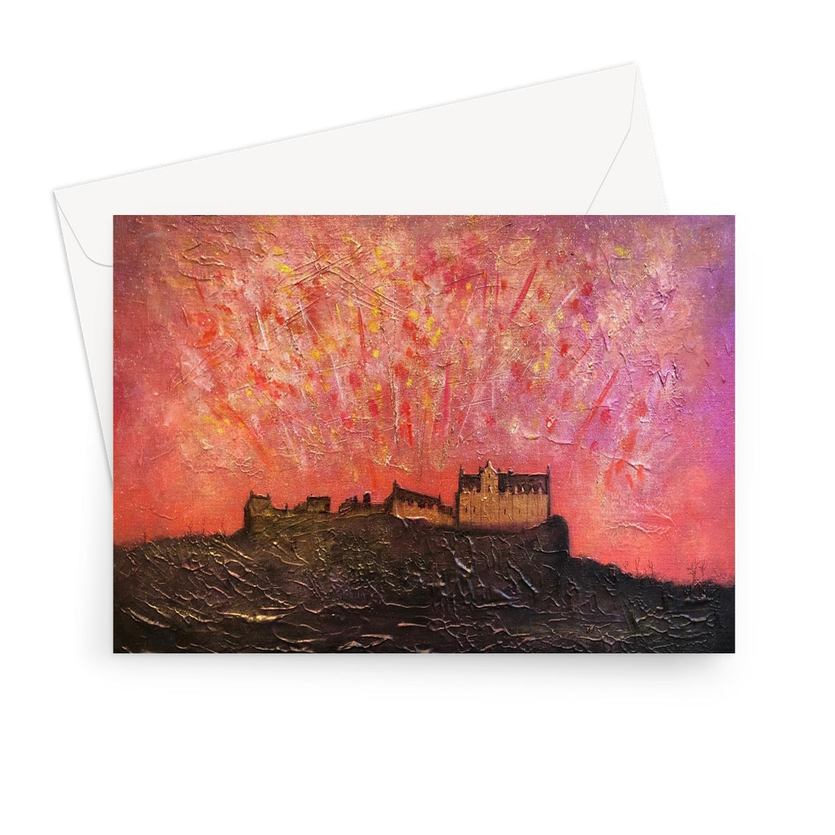 Vibrant textured Edinburgh Castle silhouette painting on a fiery sky greeting card with envelope
