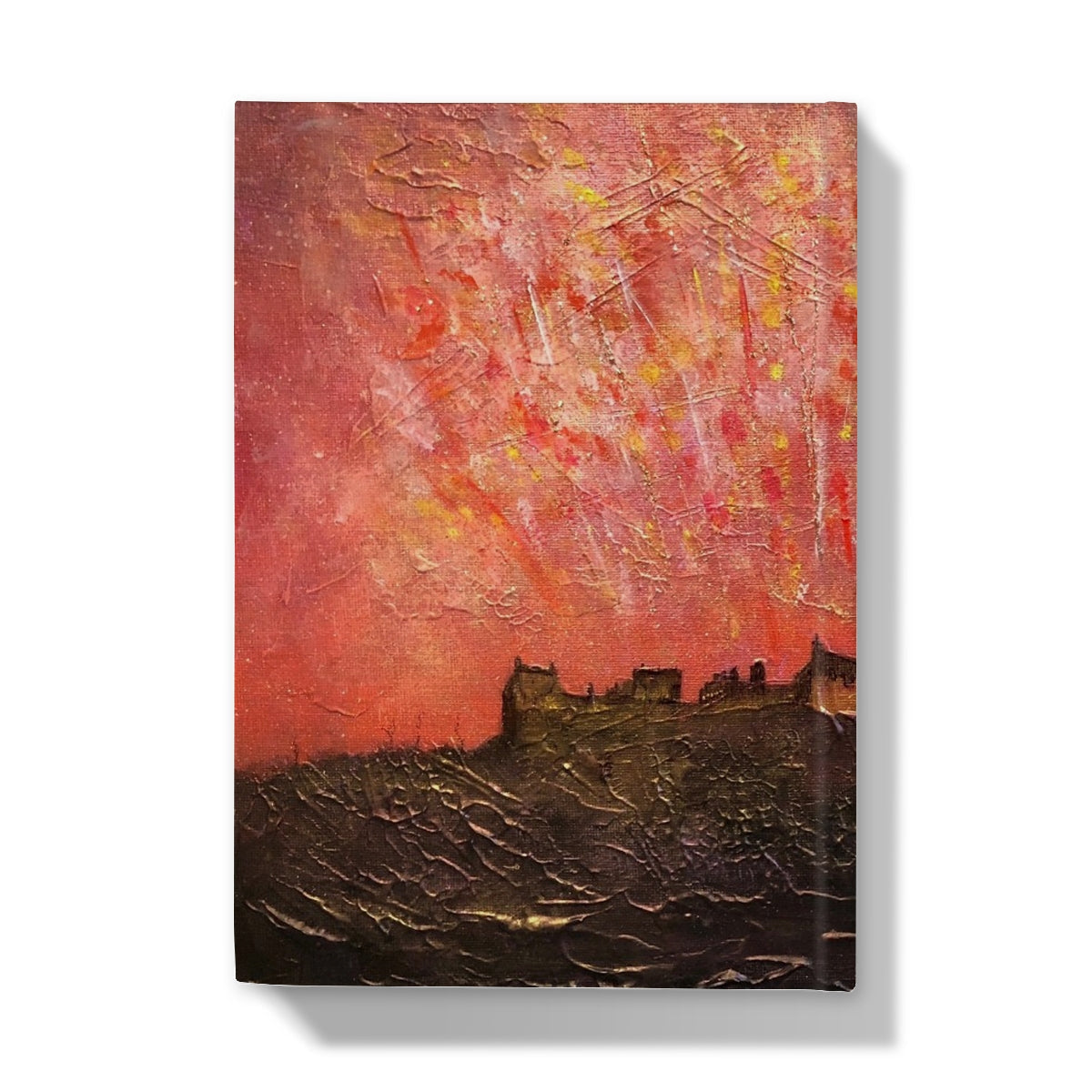 Textured abstract painting of Edinburgh Castle silhouette against fiery sky for journal cover