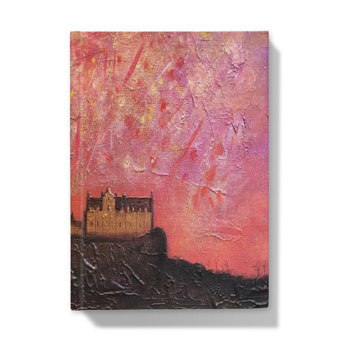 Textured abstract painting of Edinburgh Castle on a hill with a pink and orange sky