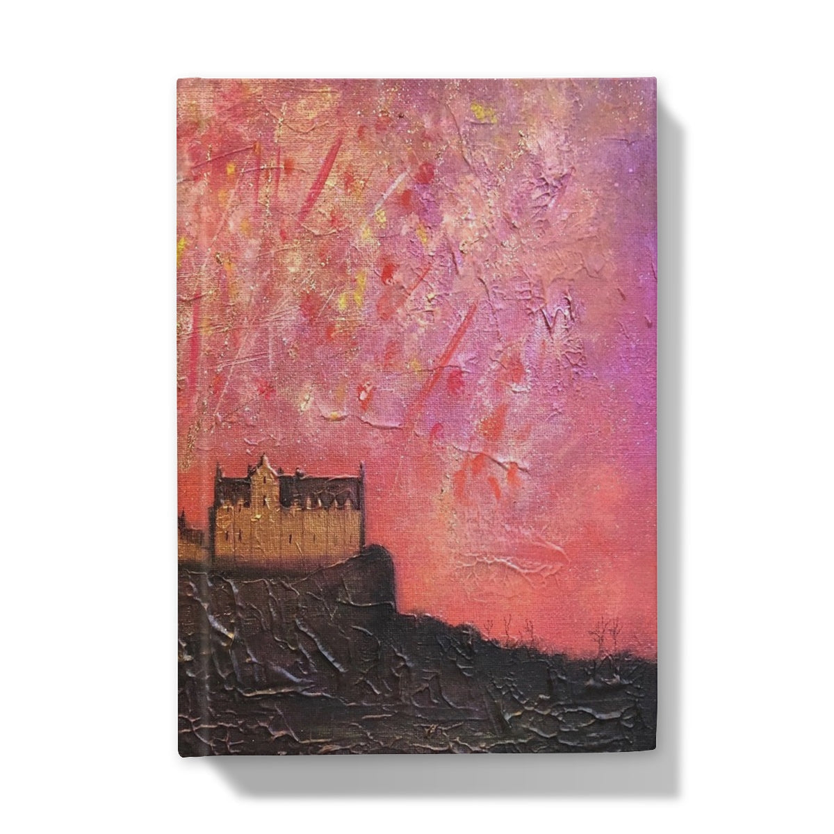 Textured abstract painting of Edinburgh Castle on a hill under a pink and purple sky for journal cover