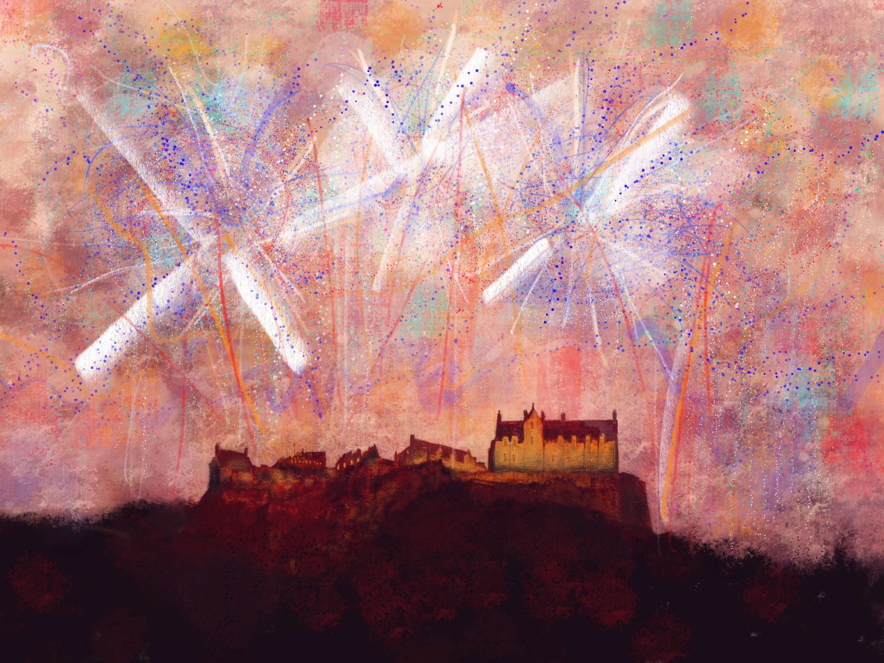Edinburgh Castle fireworks display in a vibrant original painting for sale