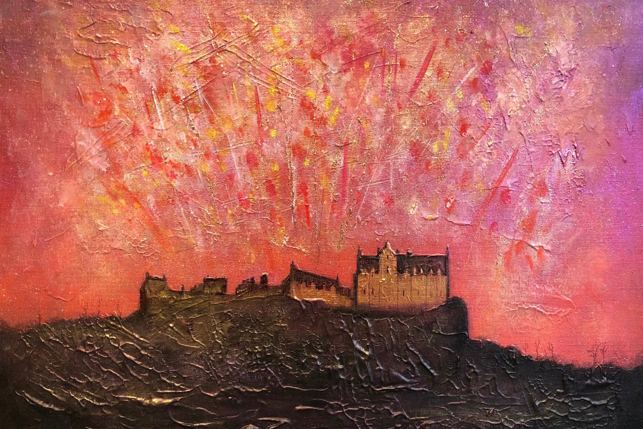 Textured painting of Edinburgh Castle on a hill under a vibrant abstract sky for Scotland wall art