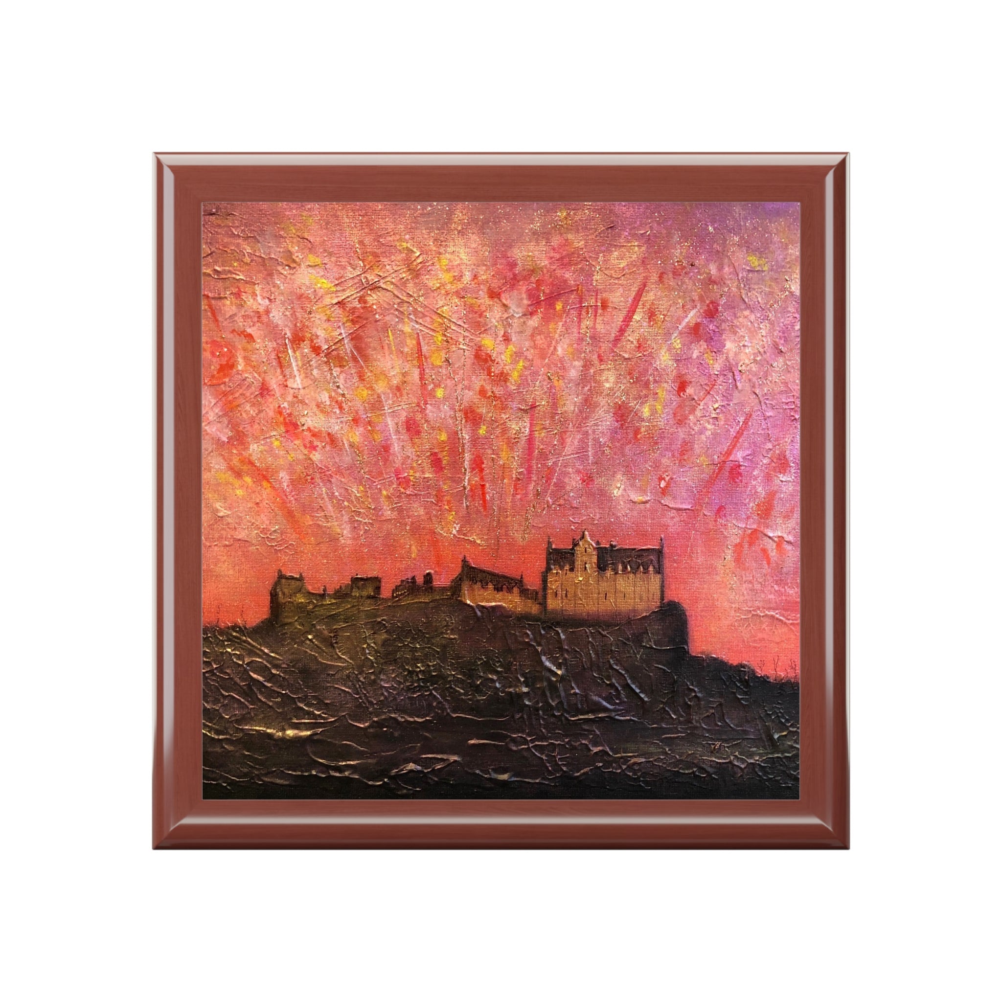 Edinburgh Castle silhouette in pink orange fireworks sky, abstract jewellery box
