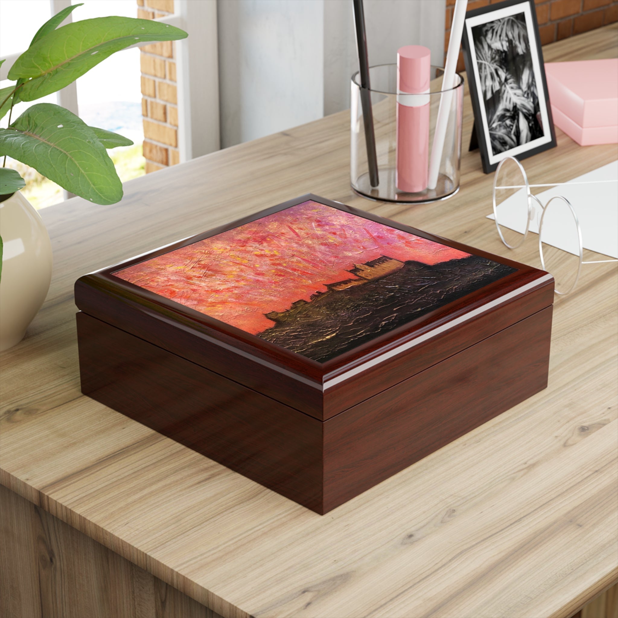 Edinburgh Castle Fireworks jewelry box with sunset lid artwork