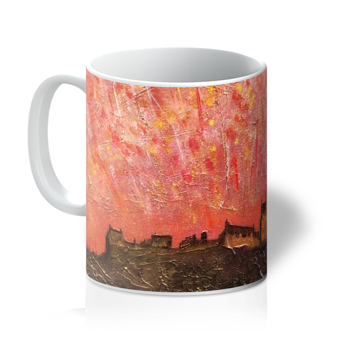 White ceramic mug featuring an abstract red and orange city skyline sunset painting